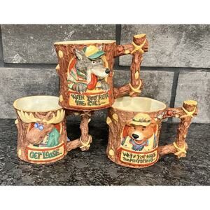 (3) Enesco Moose Creek Crossing 3D Mugs 1995 Go Fishin’, Get Loose, Go Wild